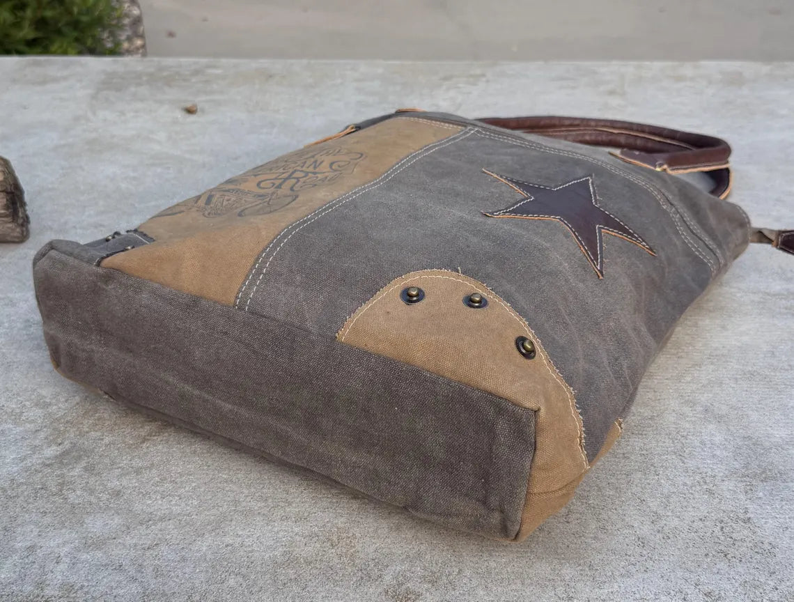 Eco-Friendly Shoulder Bag – Recycled Upcycled Military Tent & Leather with Brass Hardware - DharmaObjects