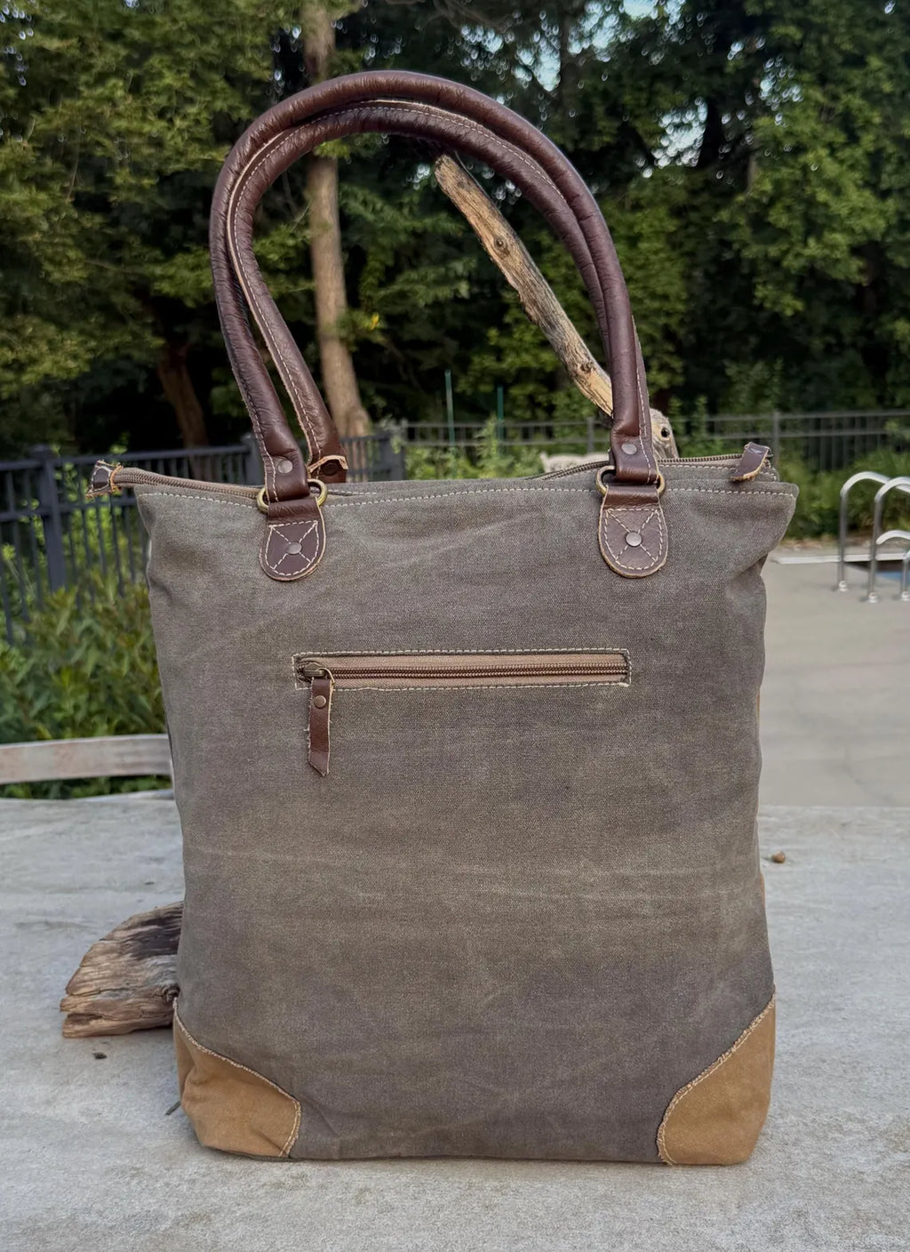 Eco-Friendly Shoulder Bag – Recycled Upcycled Military Tent & Leather with Brass Hardware - DharmaObjects