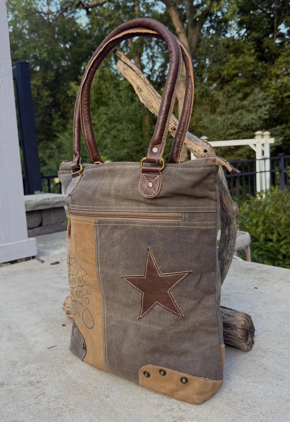 Eco-Friendly Shoulder Bag – Recycled Upcycled Military Tent & Leather with Brass Hardware - DharmaObjects