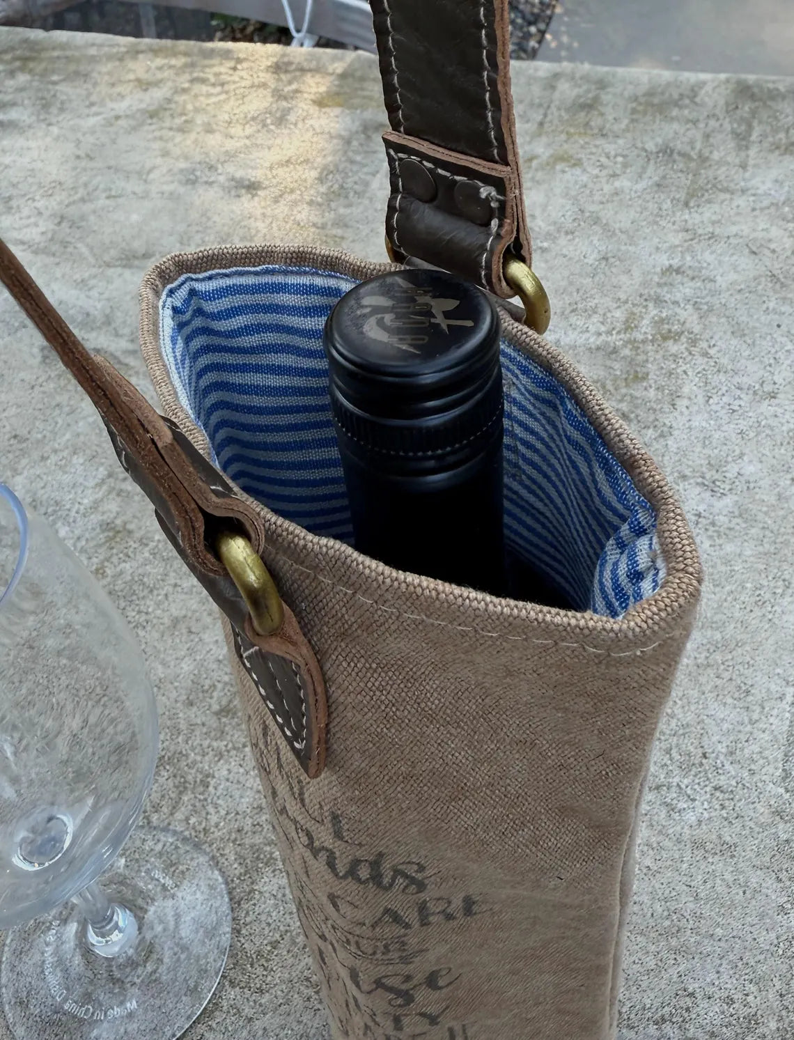 Upcycled Military Tent Canvas Wine Bag: Rustic Leather Carrier - DharmaObjects