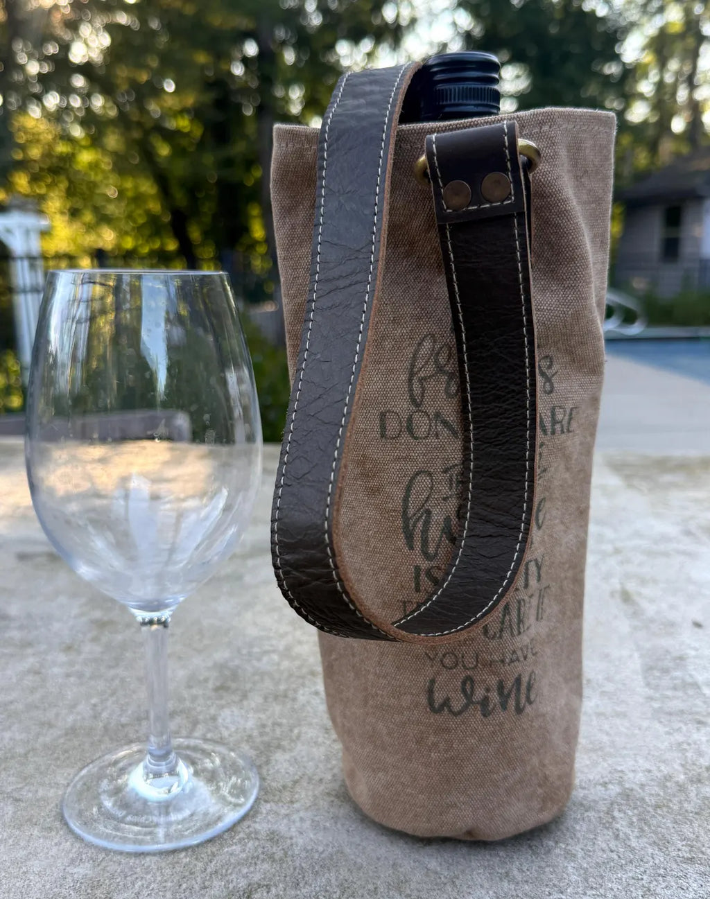 Upcycled Military Tent Canvas Wine Bag: Rustic Leather Carrier - DharmaObjects
