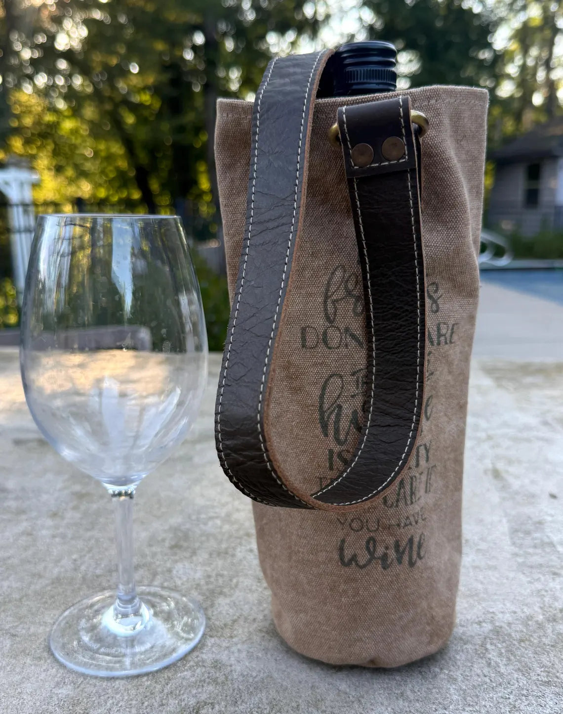 Upcycled Military Tent Canvas Wine Bag: Rustic Leather Carrier - DharmaObjects