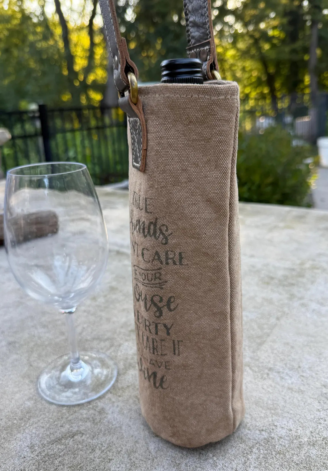 Upcycled Military Tent Canvas Wine Bag: Rustic Leather Carrier - DharmaObjects