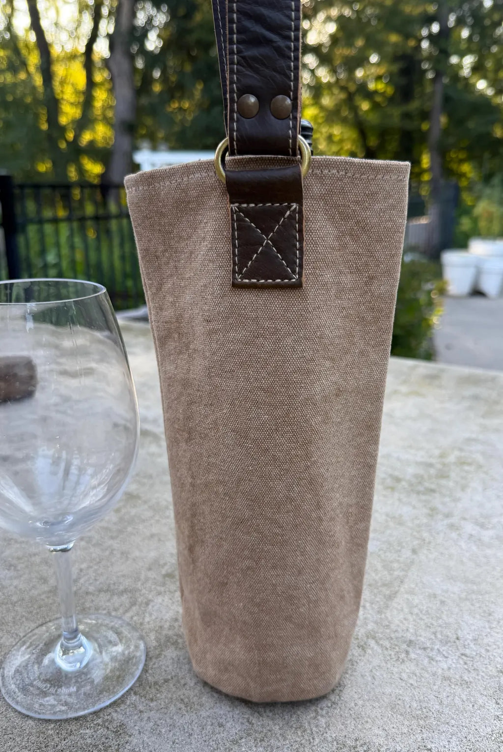 Upcycled Military Tent Canvas Wine Bag: Rustic Leather Carrier - DharmaObjects