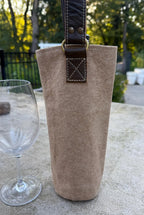 Upcycled Military Tent Canvas Wine Bag: Rustic Leather Carrier - DharmaObjects