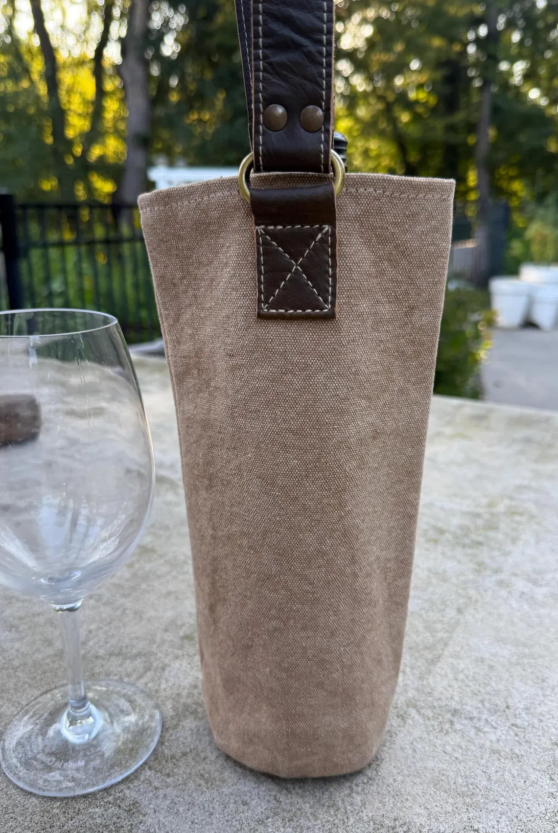 Upcycled Military Tent Canvas Wine Bag: Rustic Leather Carrier - DharmaObjects