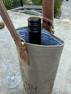 Upcycled Military Tent Canvas Wine Bag: Rustic Leather Carrier - DharmaObjects