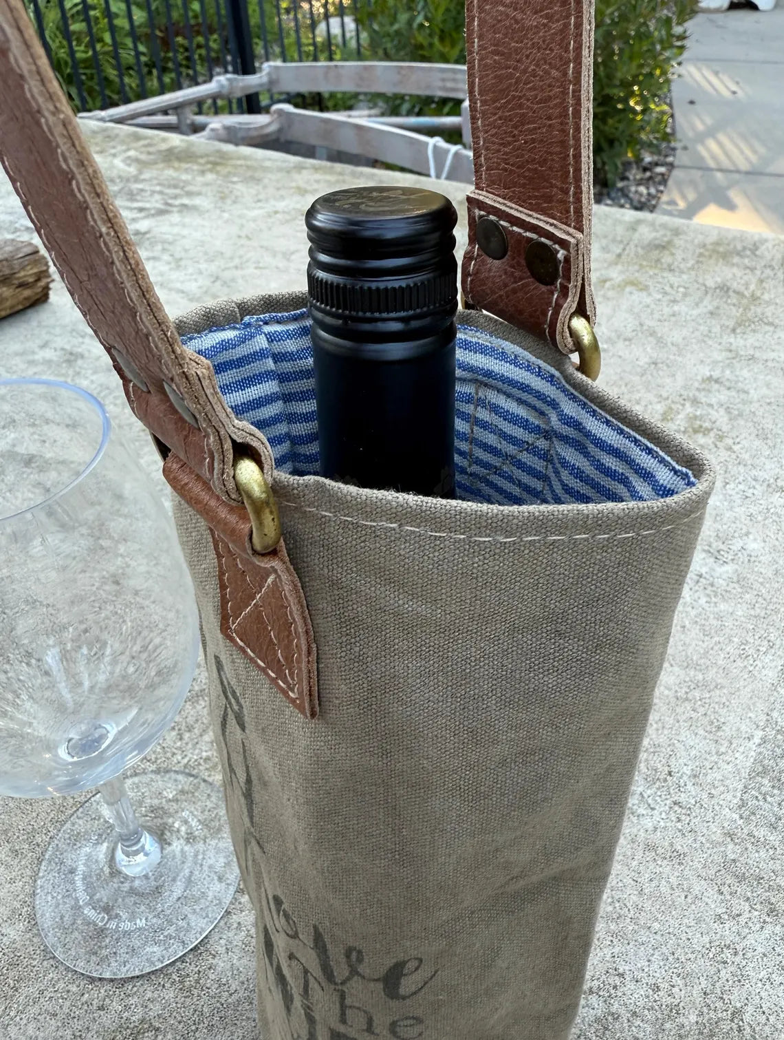 Upcycled Military Tent Canvas Wine Bag: Rustic Leather Carrier - DharmaObjects