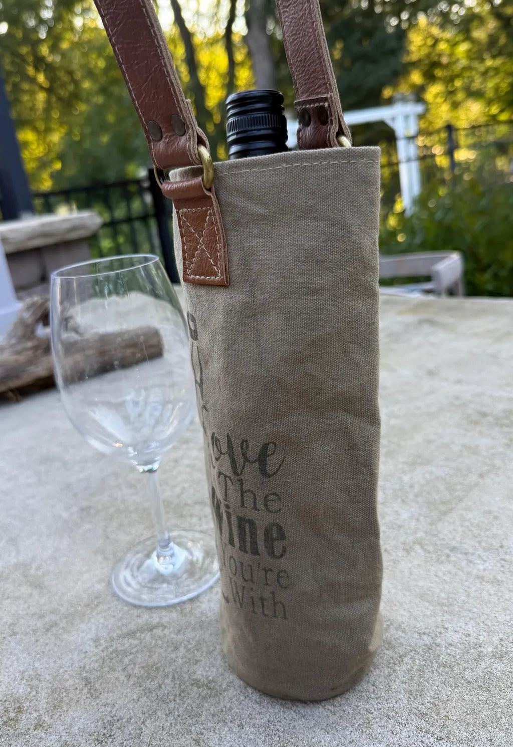 Upcycled Military Tent Canvas Wine Bag: Rustic Leather Carrier - DharmaObjects