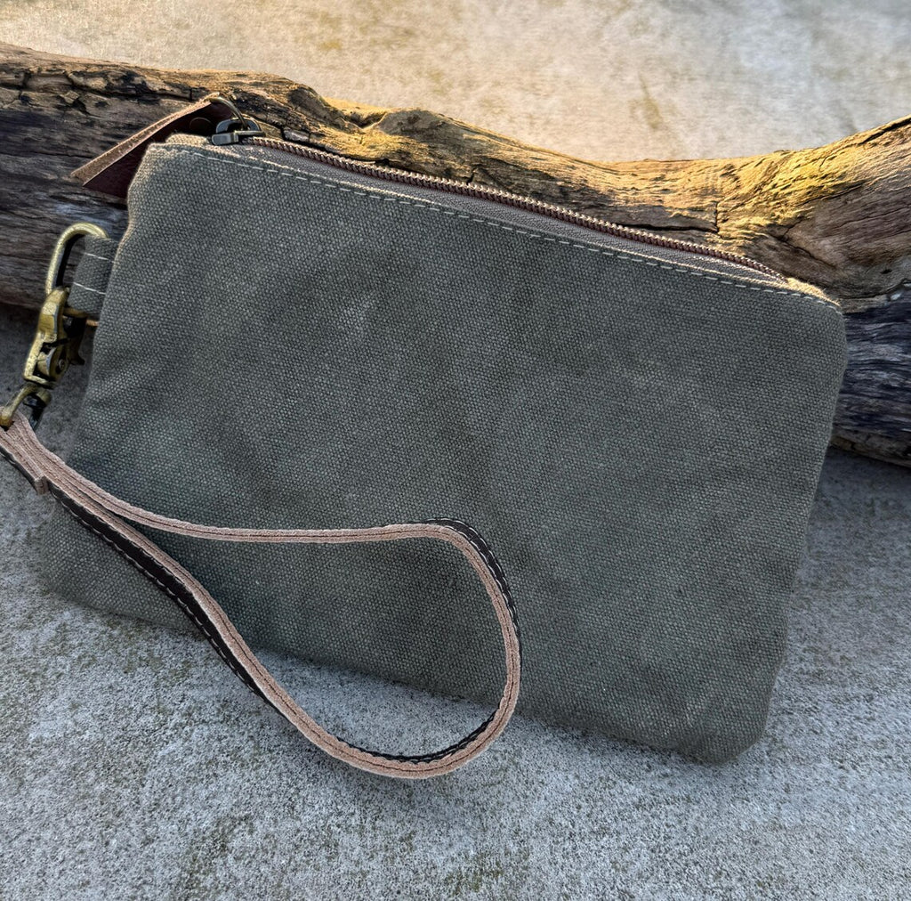 Recycled Military Canvas Wristlet: Rustic Adventure Clutch, Eco-Friendly Makeup Bag - DharmaObjects