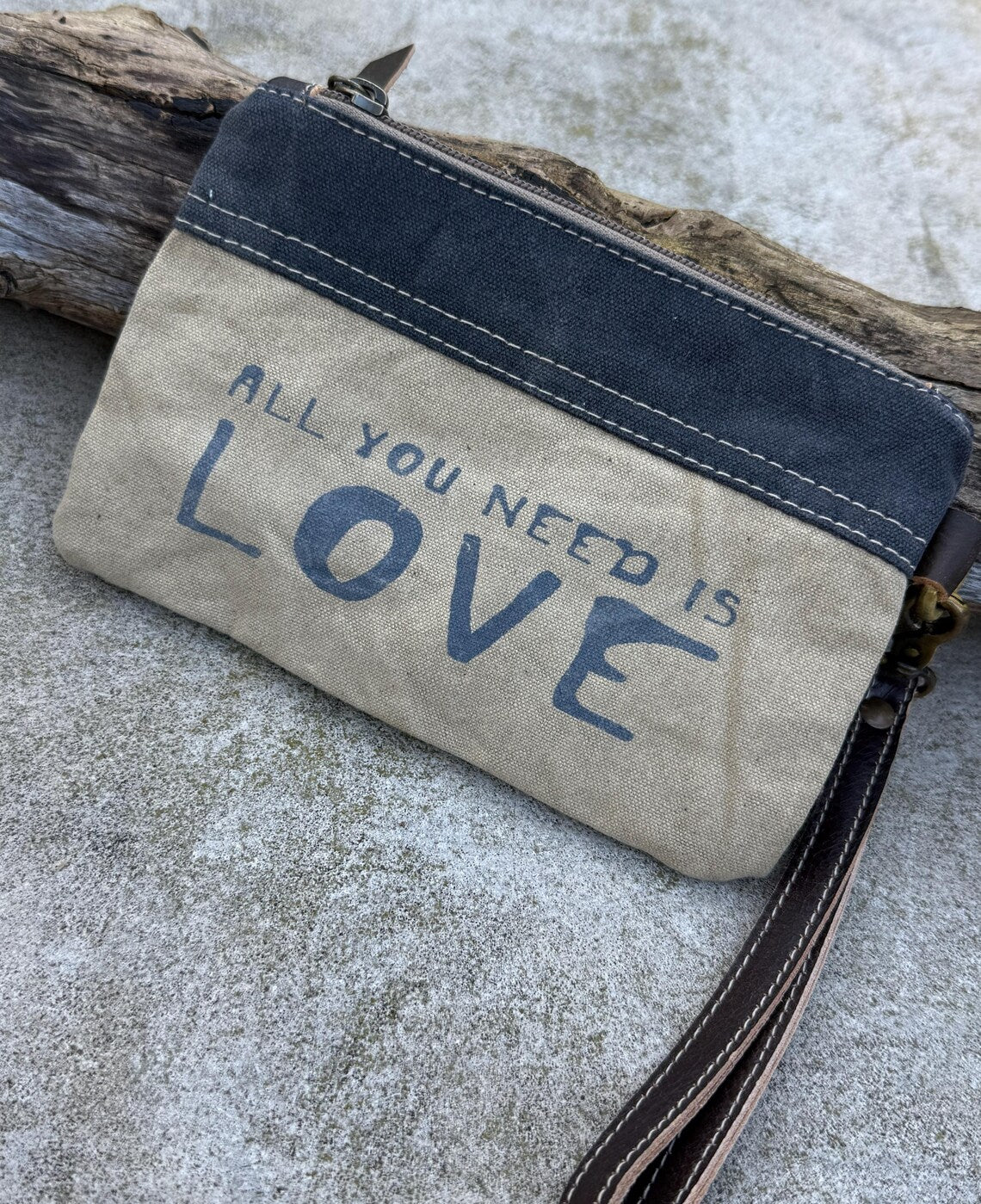 Recycled Military Canvas Wristlet: Vintage Clutch, Eco-Friendly Makeup Bag - DharmaObjects