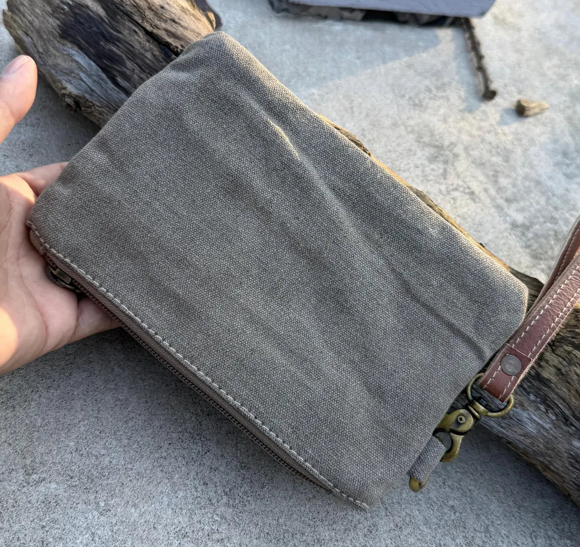 Recycled Military Canvas Wristlet: Vintage Star Clutch, Eco-Friendly Makeup Bag - DharmaObjects