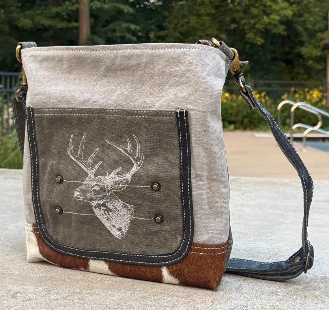 Upcycled Military Tent And Cowhide Crossbody Bag - DharmaObjects