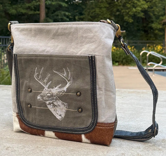 Upcycled Military Tent And Cowhide Crossbody Bag - DharmaObjects