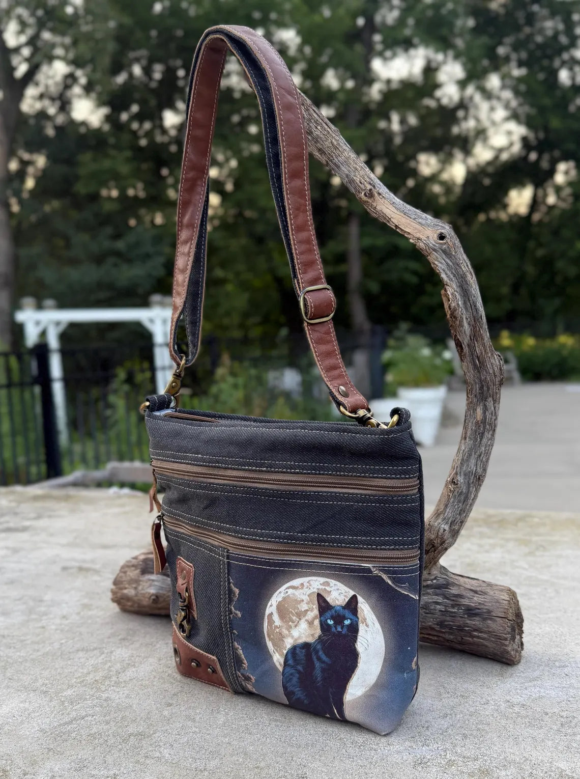 Repurposed Military Tent Moon Cat Crossbody Bag - DharmaObjects