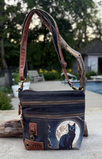 Repurposed Military Tent Moon Cat Crossbody Bag - DharmaObjects