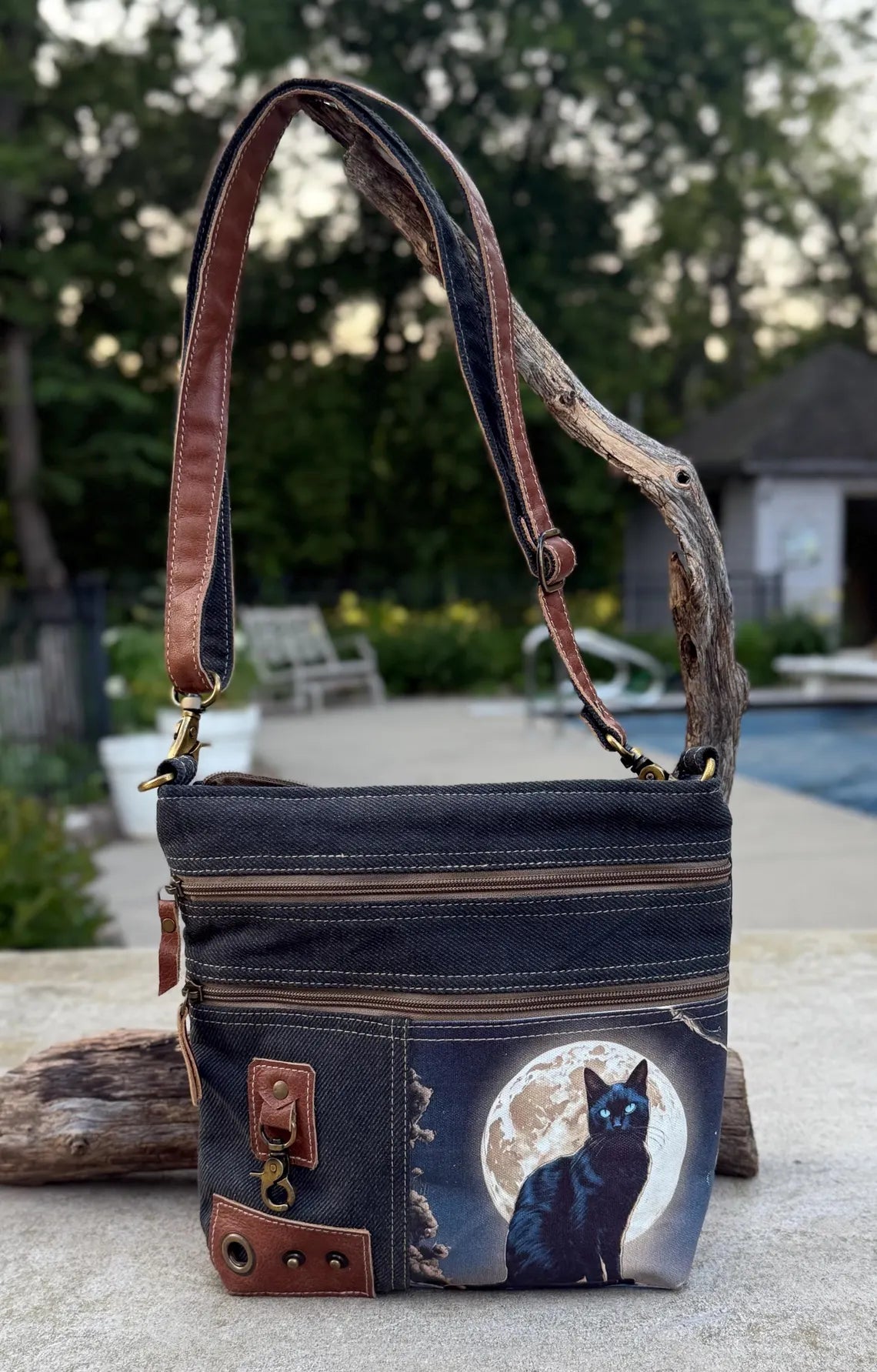 Repurposed Military Tent Moon Cat Crossbody Bag - DharmaObjects