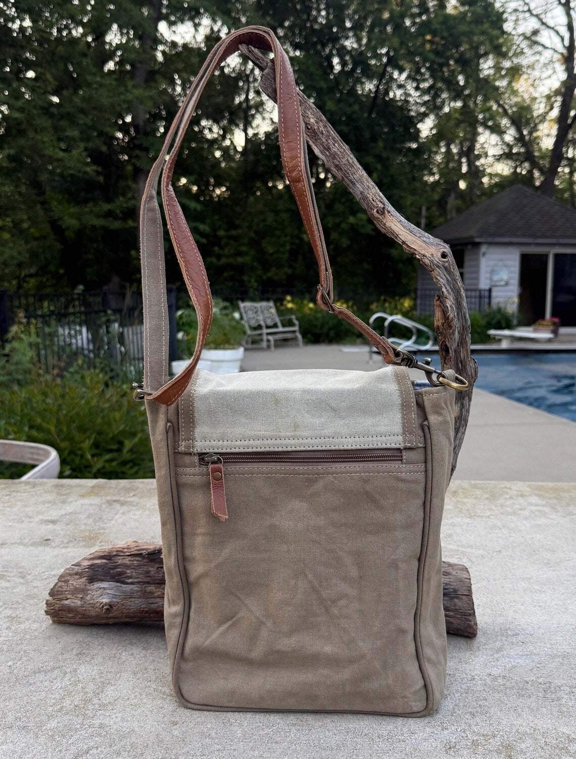 Upcycled Military Tent Crossbody Bag: Eco-Friendly Leather & Brass - DharmaObjects