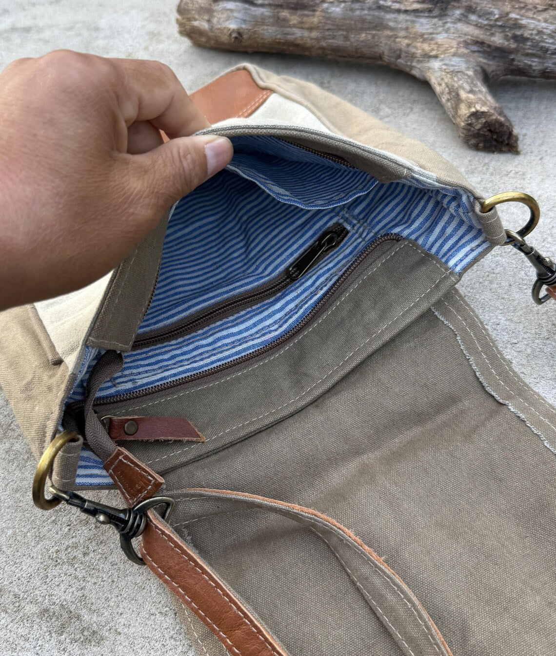 Upcycled Military Tent Crossbody Bag: Eco-Friendly Leather & Brass - DharmaObjects