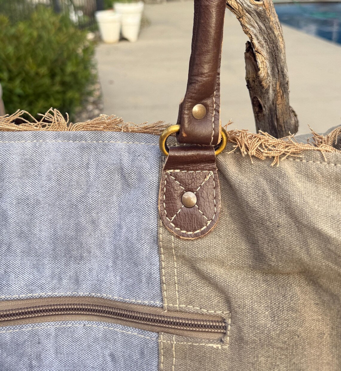 Recycled Military Tent Tote: Large Eco-Friendly Market Bag with Leather Accents - DharmaObjects