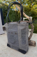 Recycled Military Tent Tote – Large Canvas Market Bag with Leather Straps - DharmaObjects