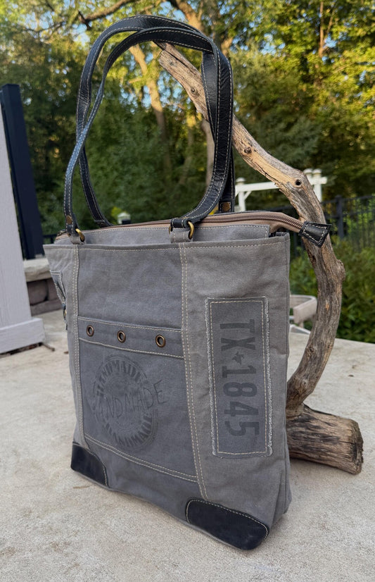 Recycled Military Tent Tote – Large Canvas Market Bag with Leather Straps - DharmaObjects