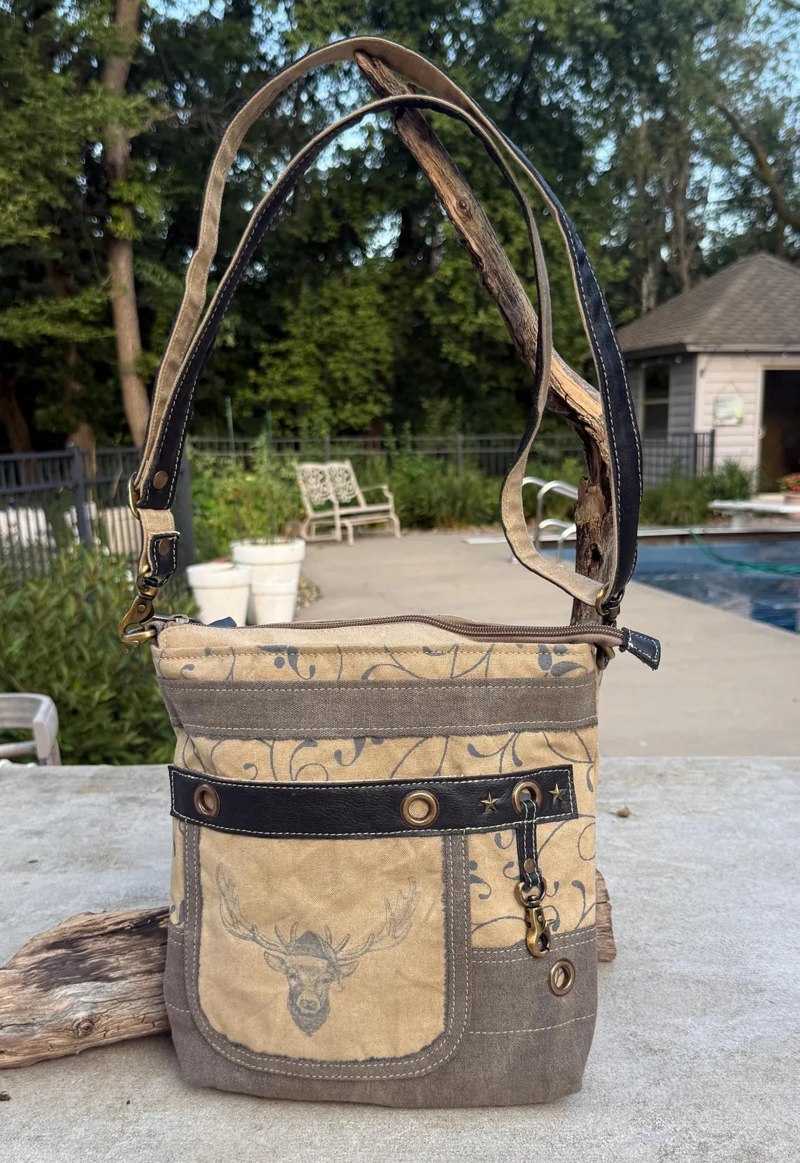 Repurposed Military Tent Crossbody Bag: Leather Trim & Brass Hardware - DharmaObjects