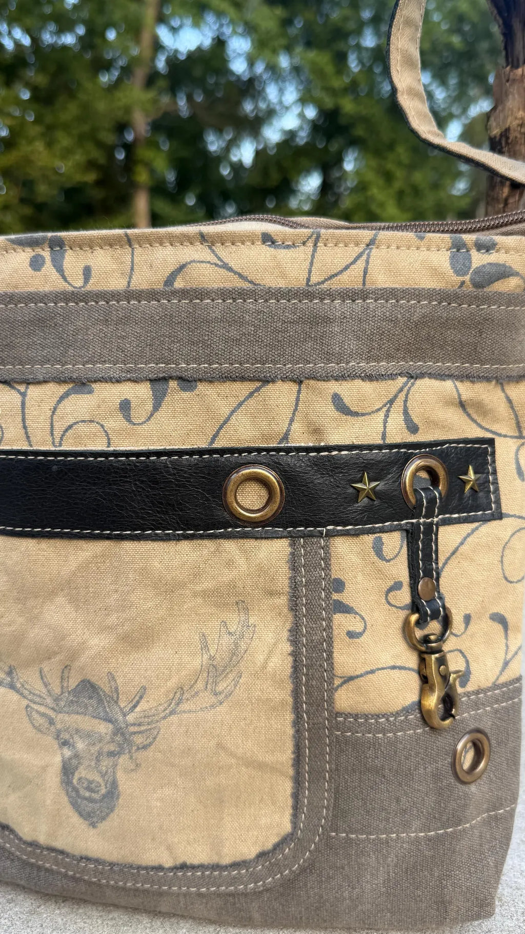 Repurposed Military Tent Crossbody Bag: Leather Trim & Brass Hardware - DharmaObjects