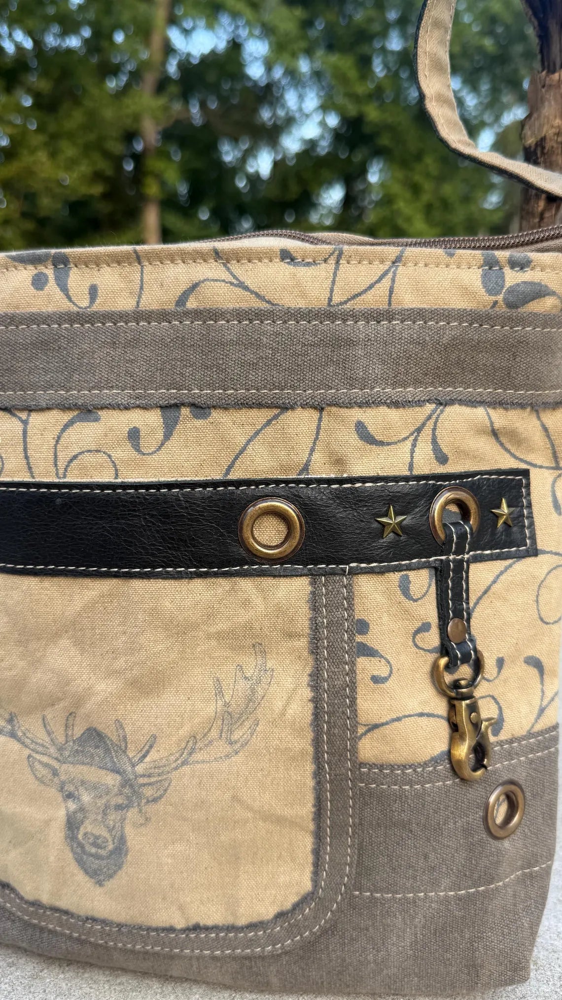 Repurposed Military Tent Crossbody Bag: Leather Trim & Brass Hardware - DharmaObjects