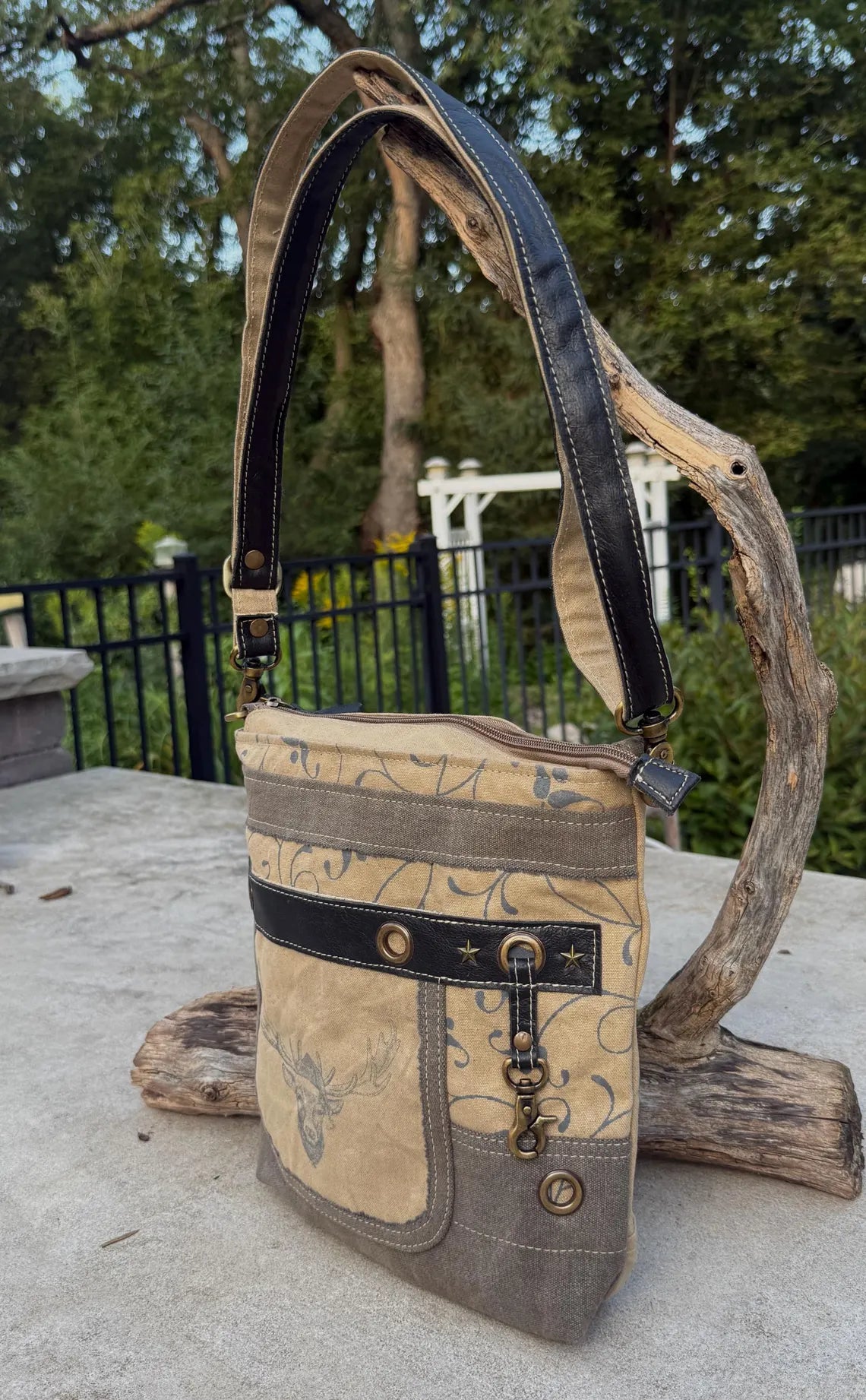 Repurposed Military Tent Crossbody Bag: Leather Trim & Brass Hardware - DharmaObjects