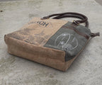 Sustainable Canvas Shoulder Beach Bag – Upcycled Military Tent with Brass Hardware and Genuine Leather handle - DharmaObjects