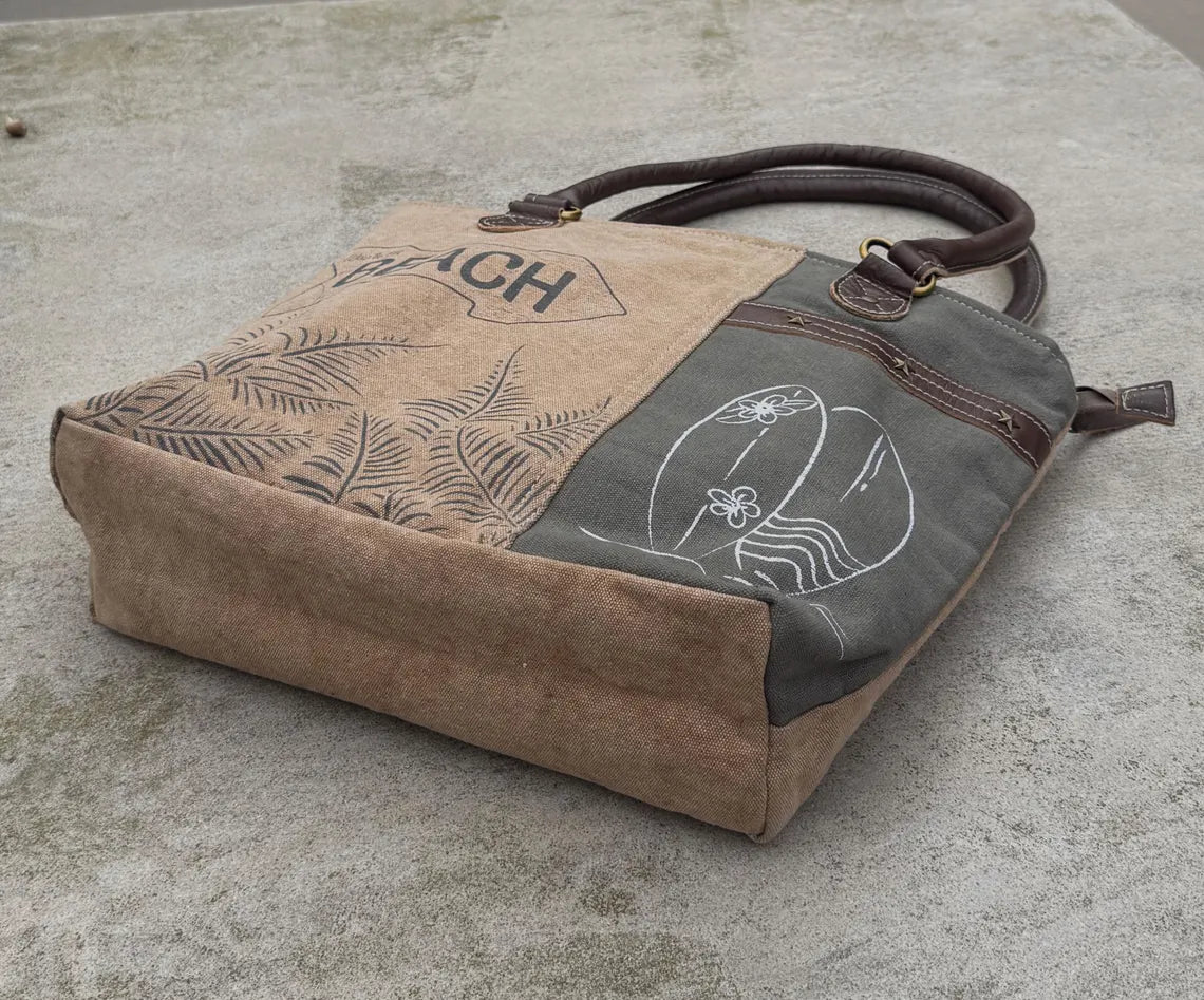 Sustainable Canvas Shoulder Beach Bag – Upcycled Military Tent with Brass Hardware and Genuine Leather handle - DharmaObjects