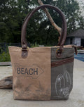 Sustainable Canvas Shoulder Beach Bag – Upcycled Military Tent with Brass Hardware and Genuine Leather handle - DharmaObjects