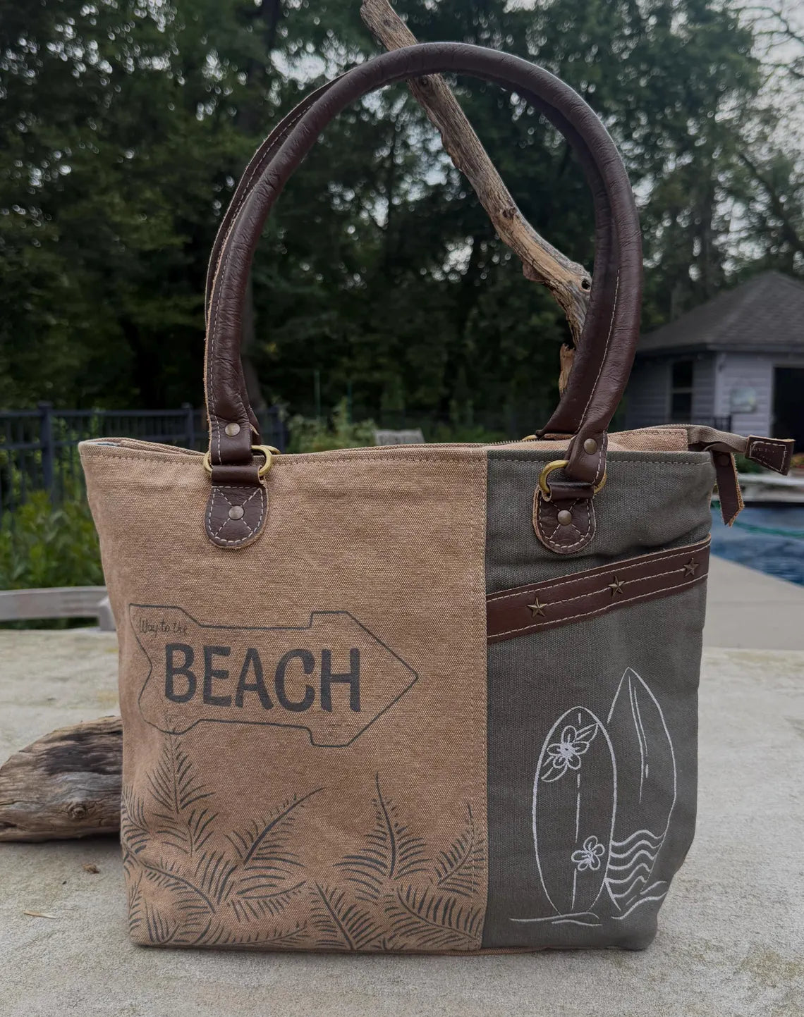 Sustainable Canvas Shoulder Beach Bag – Upcycled Military Tent with Brass Hardware and Genuine Leather handle - DharmaObjects