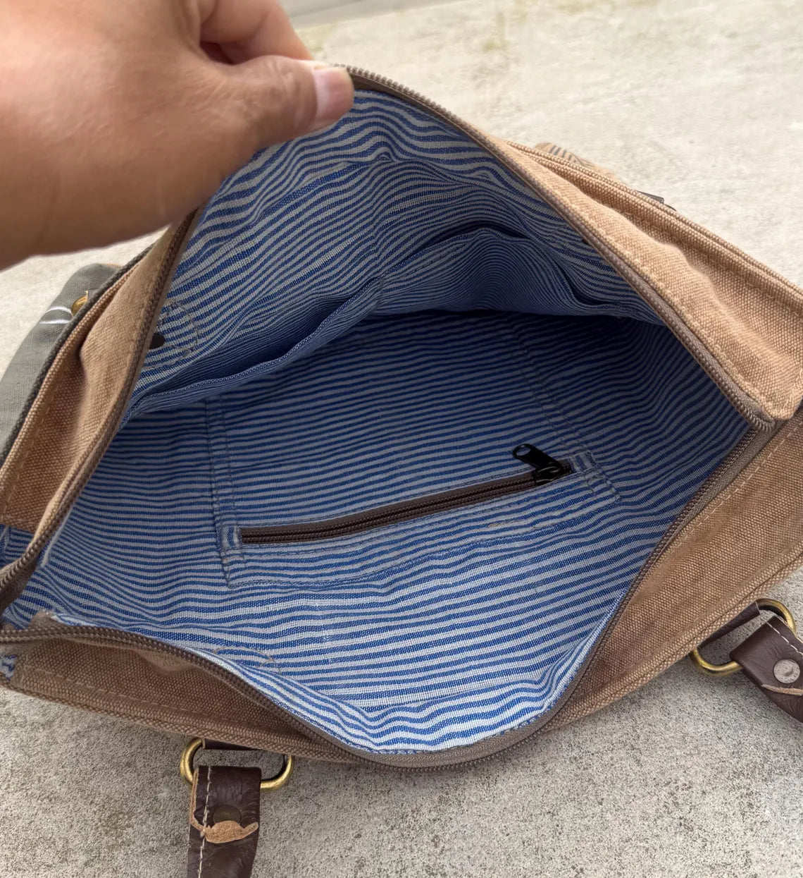 Sustainable Canvas Shoulder Beach Bag – Upcycled Military Tent with Brass Hardware and Genuine Leather handle - DharmaObjects