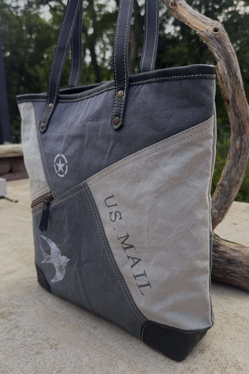 Recycled Military Tent Tote: Large Eco-Friendly Market Bag with Leather Handles - DharmaObjects