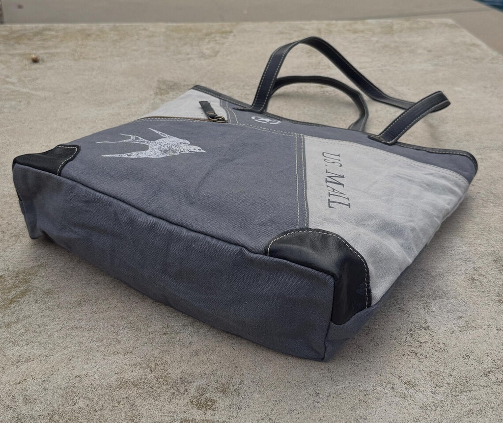 Recycled Military Tent Tote: Large Eco-Friendly Market Bag with Leather Handles - DharmaObjects