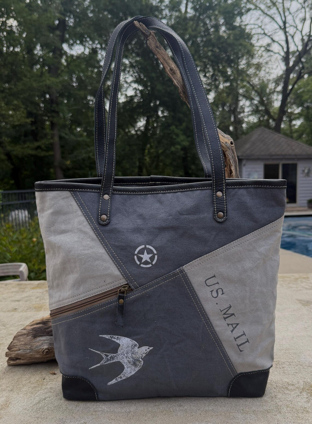 Recycled Military Tent Tote: Large Eco-Friendly Market Bag with Leather Handles - DharmaObjects