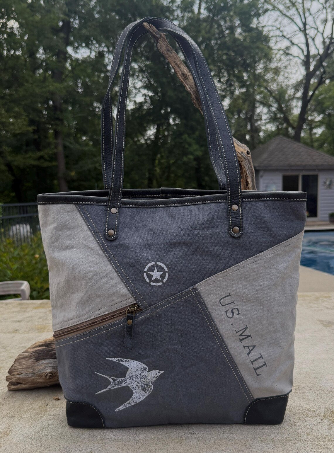 Recycled Military Tent Tote: Large Eco-Friendly Market Bag with Leather Handles - DharmaObjects