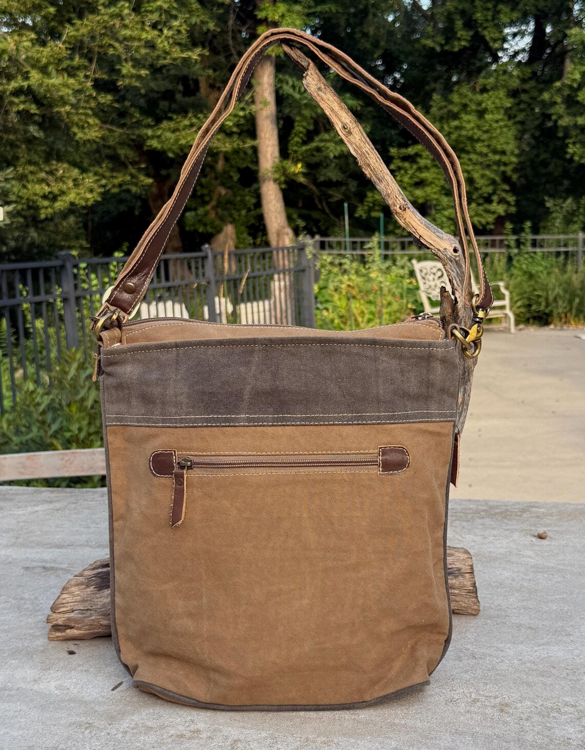 Upcycled Military Canvas Crossbody – Featuring Genuine Leather & Brass Details - DharmaObjects