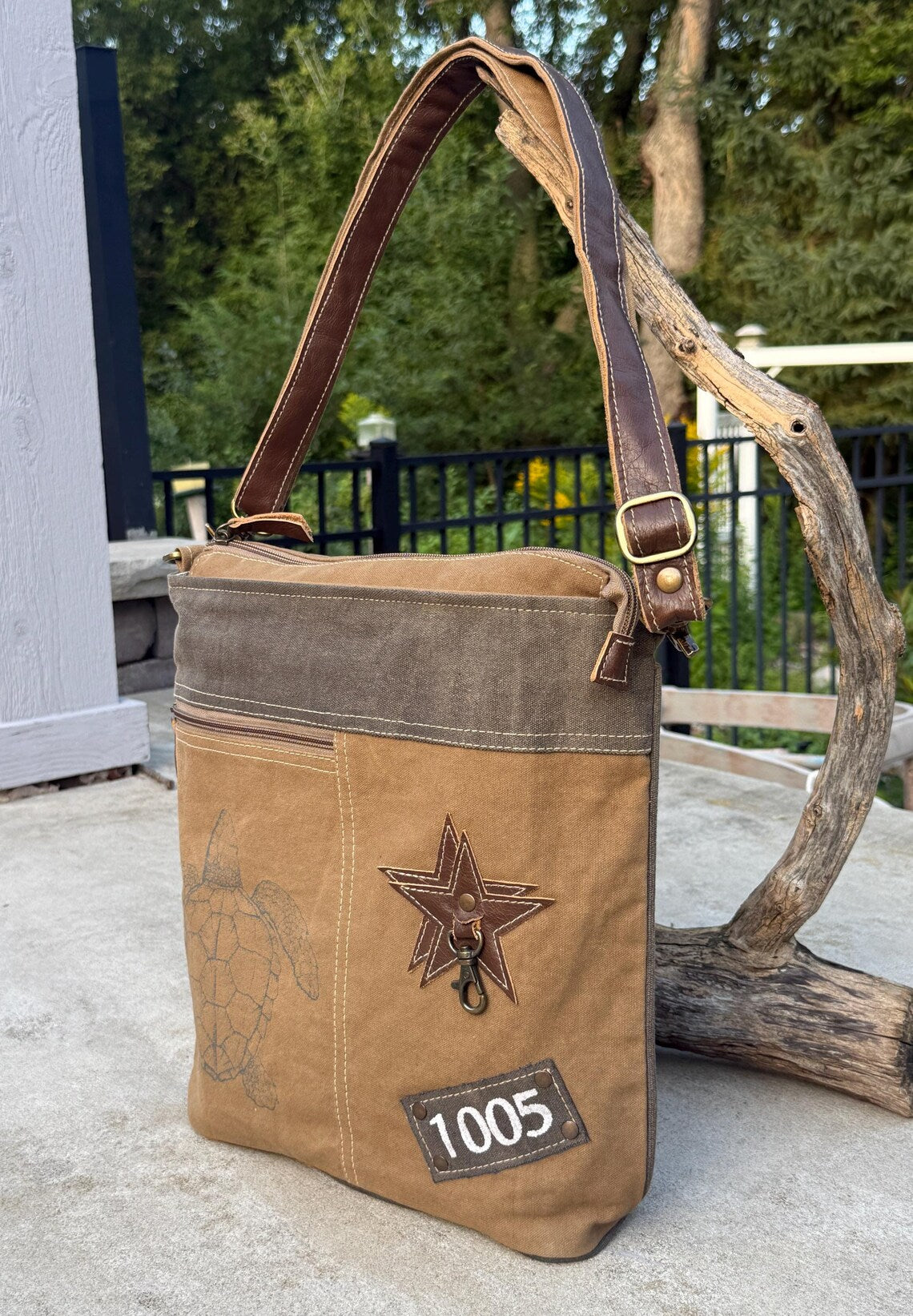 Upcycled Military Canvas Crossbody – Featuring Genuine Leather & Brass Details - DharmaObjects