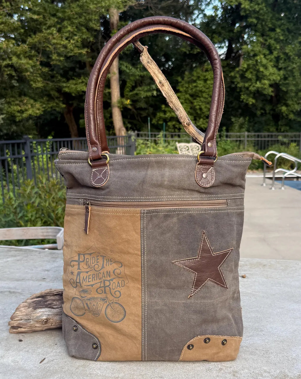 Eco-Friendly Shoulder Bag – Recycled Upcycled Military Tent & Leather with Brass Hardware - DharmaObjects