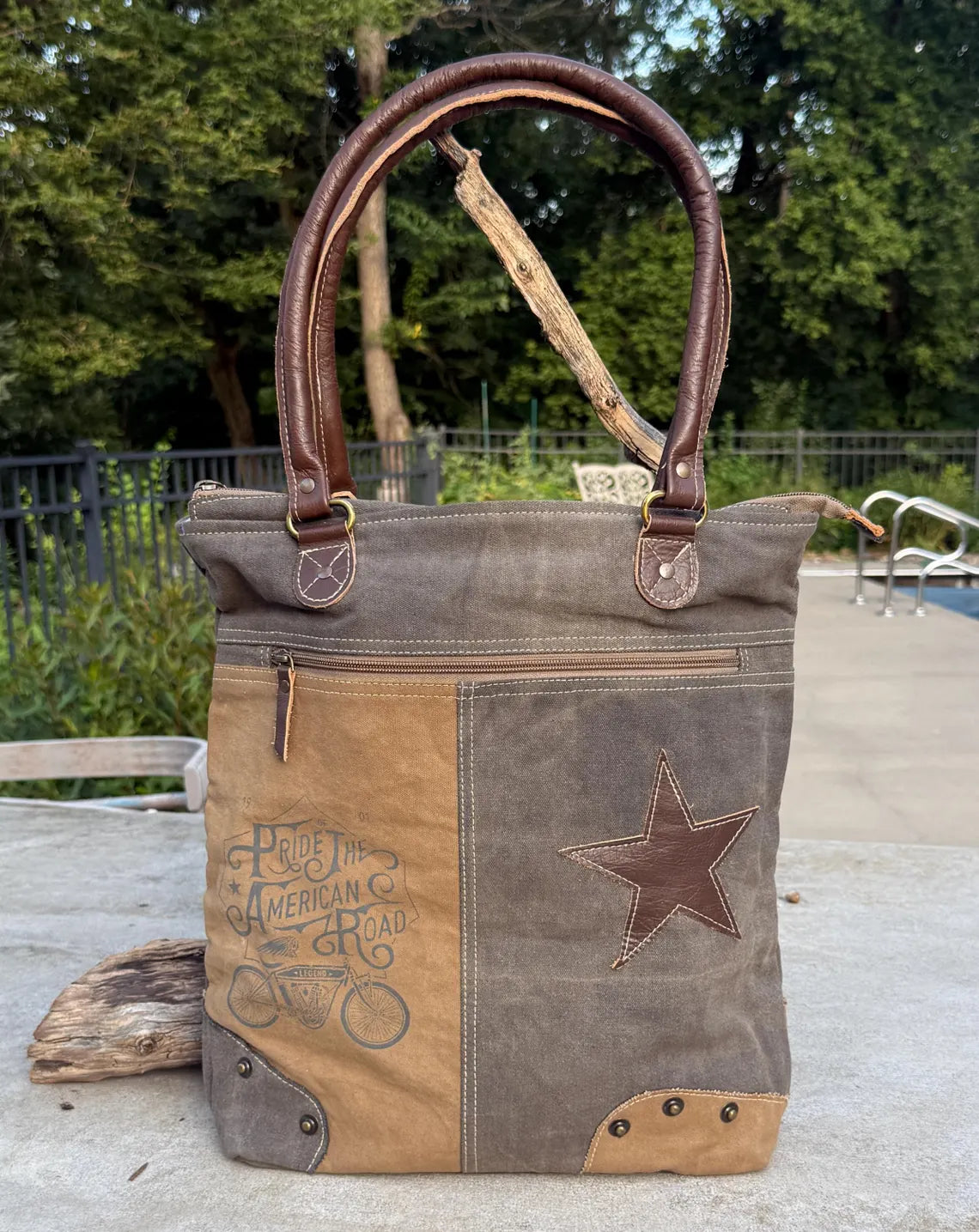 Eco-Friendly Shoulder Bag – Recycled Upcycled Military Tent & Leather with Brass Hardware - DharmaObjects