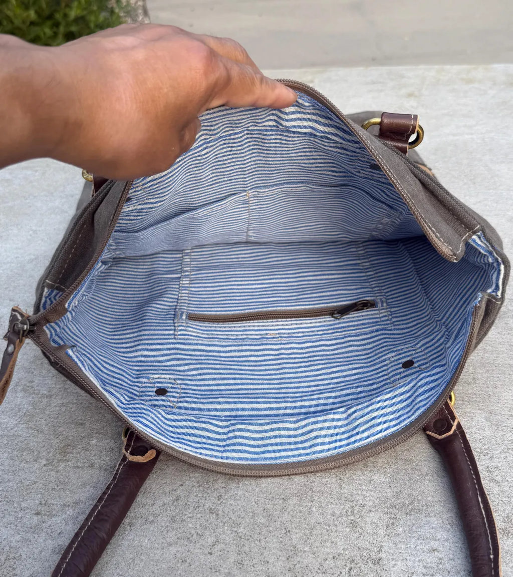 Eco-Friendly Shoulder Bag – Recycled Upcycled Military Tent & Leather with Brass Hardware - DharmaObjects