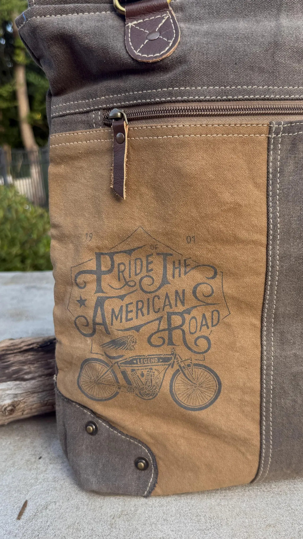 Eco-Friendly Shoulder Bag – Recycled Upcycled Military Tent & Leather with Brass Hardware - DharmaObjects