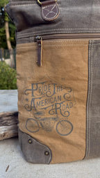 Eco-Friendly Shoulder Bag – Recycled Upcycled Military Tent & Leather with Brass Hardware - DharmaObjects