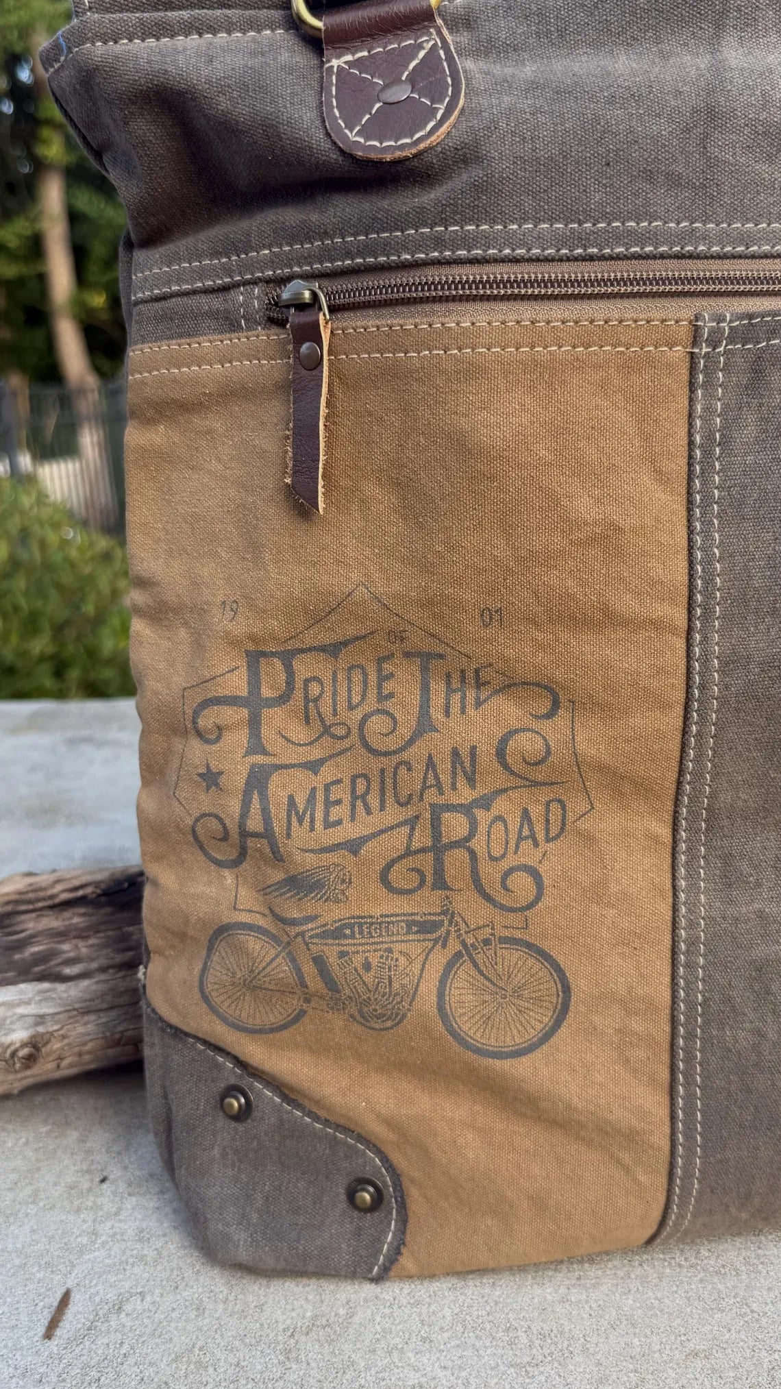 Eco-Friendly Shoulder Bag – Recycled Upcycled Military Tent & Leather with Brass Hardware - DharmaObjects