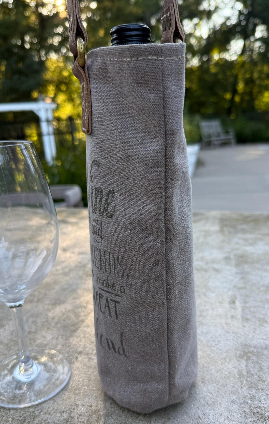 Upcycled Military Tent Canvas Wine Bag: Rustic Leather Carrier - DharmaObjects