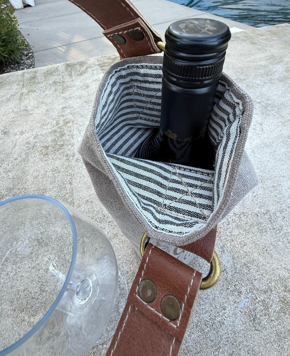 Upcycled Military Tent Canvas Wine Bag: Rustic Leather Carrier - DharmaObjects
