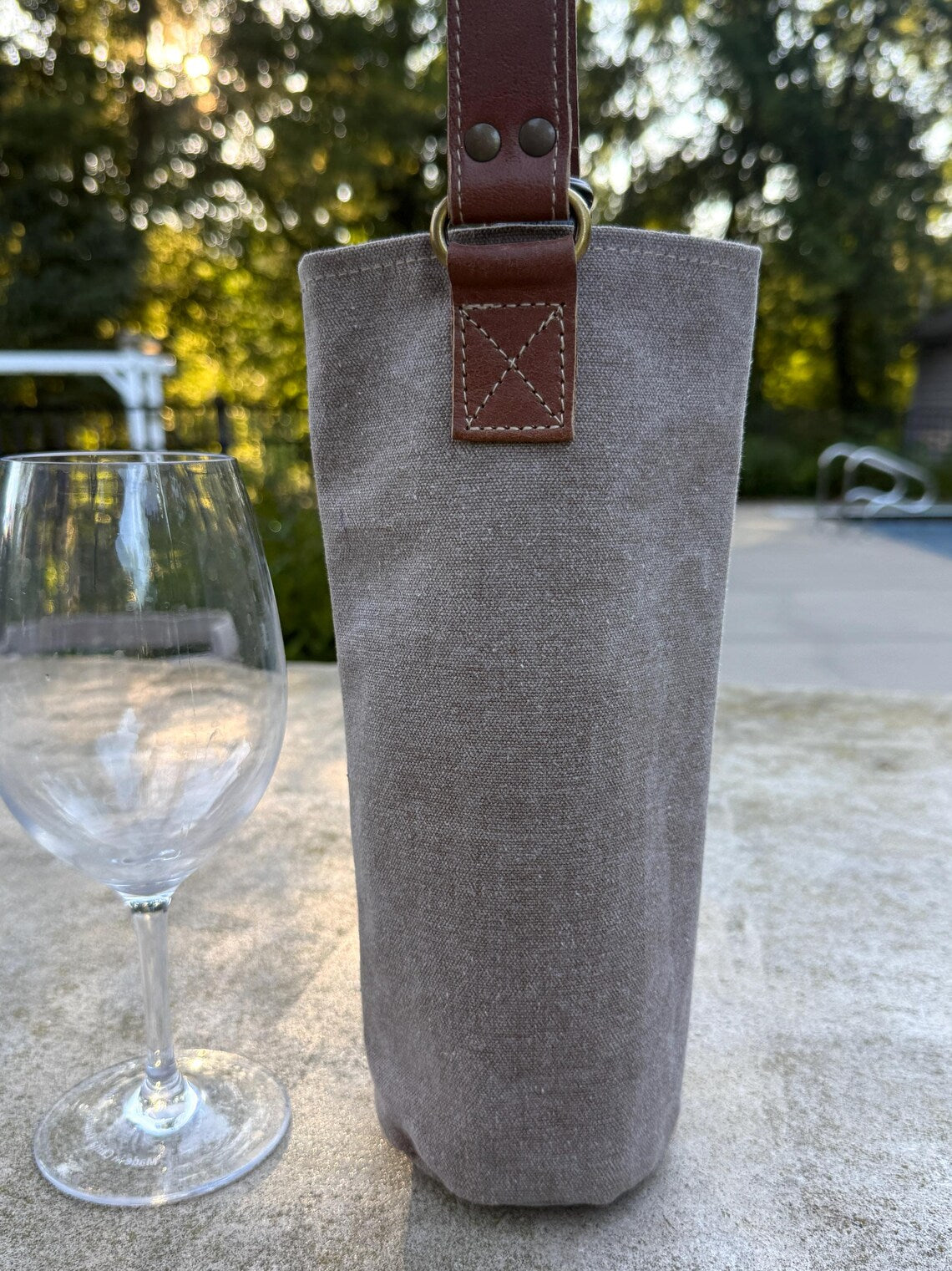 Upcycled Military Tent Canvas Wine Bag: Rustic Leather Carrier - DharmaObjects